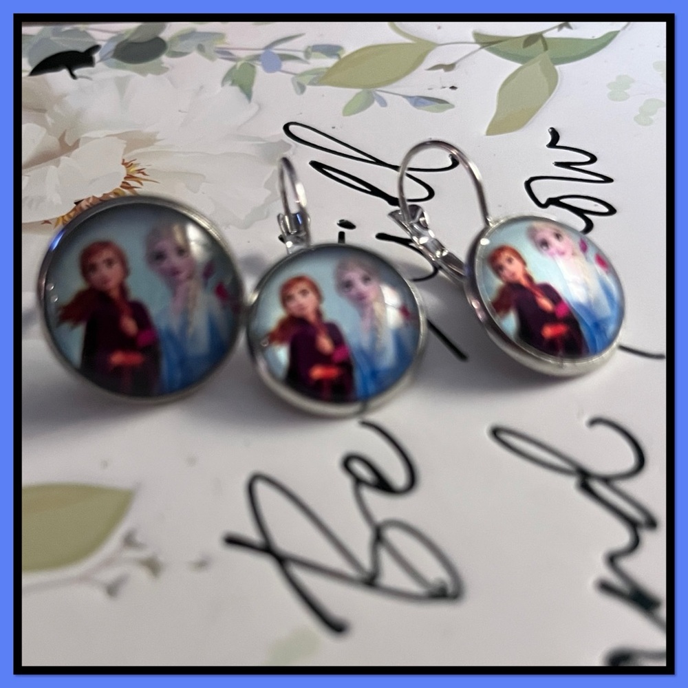 Frozen Elsa & Anna Silver-Tone Drop Earrings with Blue and Purple Character Dome